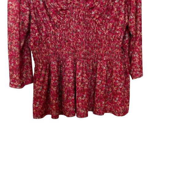 Lane Bryant Red Pink Floral V neck Peplum Quarter Sleeve Sheer Blouse Size 22/24 - Picture 5 of 8